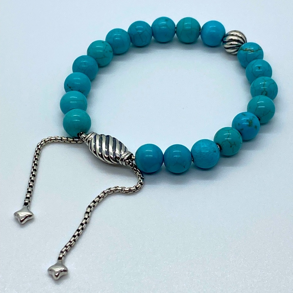 DAVID YURMAN 8mm Spiritual Turquoise Wave Beaded Silver Bracelet W/ Silv…